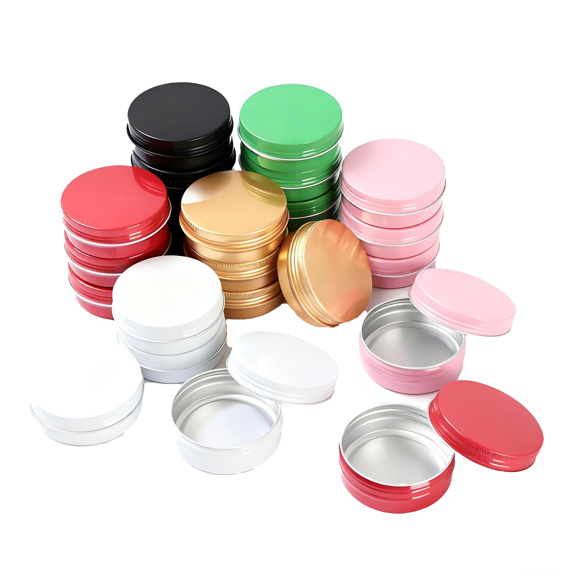 LJY 24 Pack Round Metal Tins with Screw Lids 6.7 x 2.5 cm - 2oz Aluminium Travel Containers for Toiletries, Lip Balm Making Kit, Candle Tins and Small Jars for Workshop Screw Storage (6 Colors)
