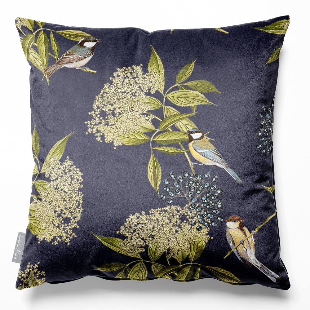 Izabela Peters Velvet Cushion with Cover - 40cm Bird on Elderflower Pattern, Eco-Friendly Seat Cushions for Chair and Sofa - Graphite