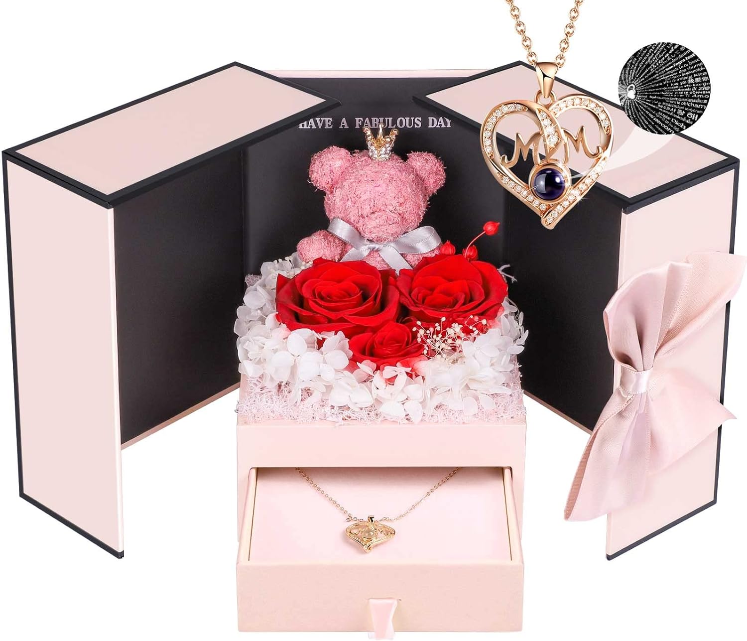 Dried & Preserved Flora - ADDWel Preserved Real Red Roses Birthday Gifts for Mom with I Love You 100 Languages Mom Necklace, Cute Moss Bear and Meaningful Forever Roses for Mother Birthday from Son Daughter