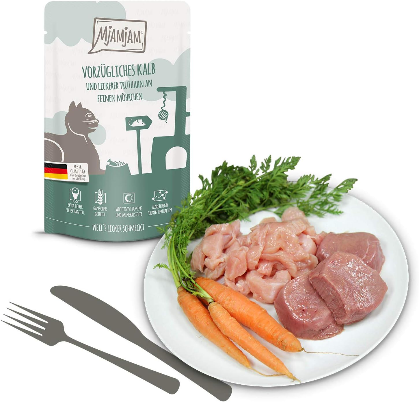 MjAMjAM, premium wet food for cats, Quetschie, excellent veal & turkey with delicious carrots, pack of 12 (12 x 125 g) - Image 3