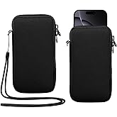 Neoprene Cell Phone Sleeve Zipper Phone Pouch Holder w/ Neck Strap Compatible for iPhone 17 Pro Max Air 16 Plus Galaxy S25 Ultra S25+ S25 Edge FE A26 A36 A56 Oneplus 13R Pixel 10 Poco X7 Pro (Black)