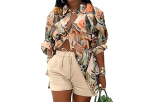 Mandonce 2 Piece Outfits for Women Long Sleeve Printed Shirt and Elastic Lace-Up Shorts with Pockets Beach Vacation Clothes