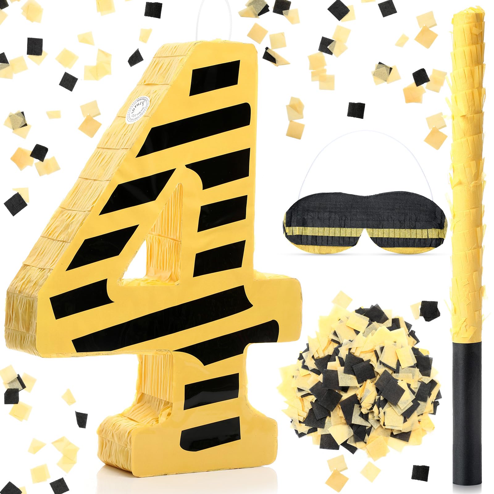 Photo 1 of Foilswirl Construction Number Piñata with Batting Stick Eye Mask Yellow and Black Striped Piñata for Construction Birthday Anniversary Party Decoration Supplies 16 x 11 x 2.8 Inches (Number 4)
