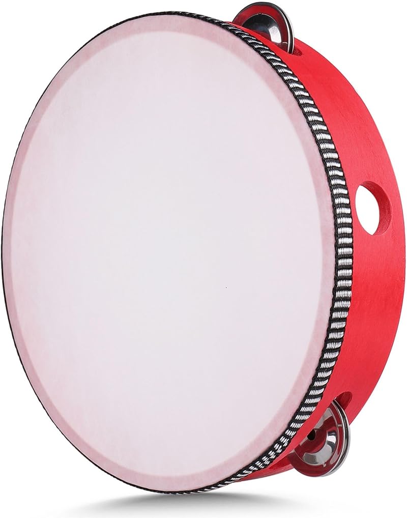 Flexzion 8 Inch Wooden Round Tambourine with 8 Jingles Red Handheld