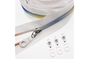 #5 Colorful Metallic Nylon Coil Zippers by The Yard Bulk, White Zipper Roll 10 Yards with 25Pcs Zipper Pulls for DIY Sewing C