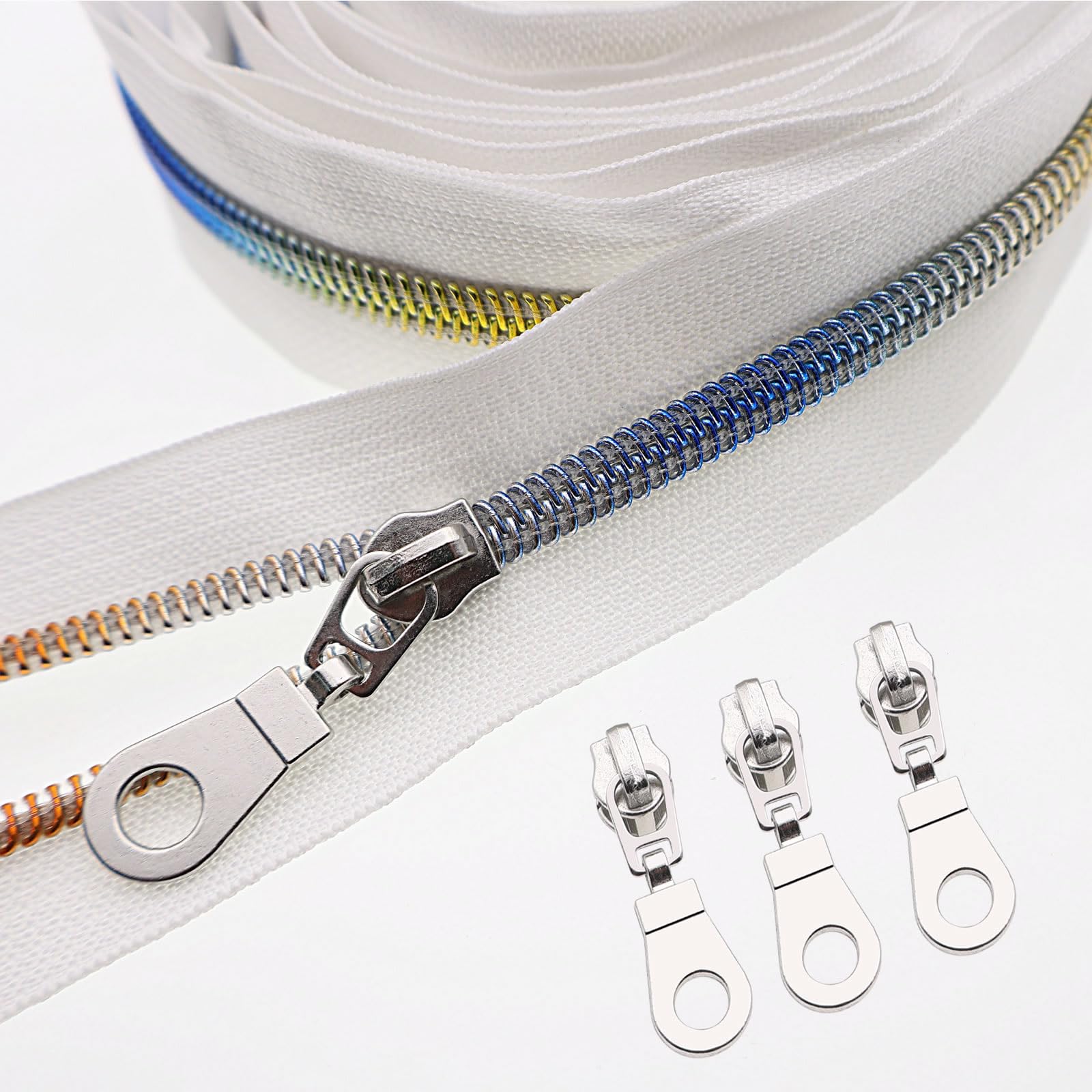 Photo 1 of #5 Colorful Metallic Nylon Coil Zippers by The Yard, Bulk White Zipper Tape 10 Yards with 25Pcs Pulls for DIY, Sewing, Craft, Bags YIGUANXIN