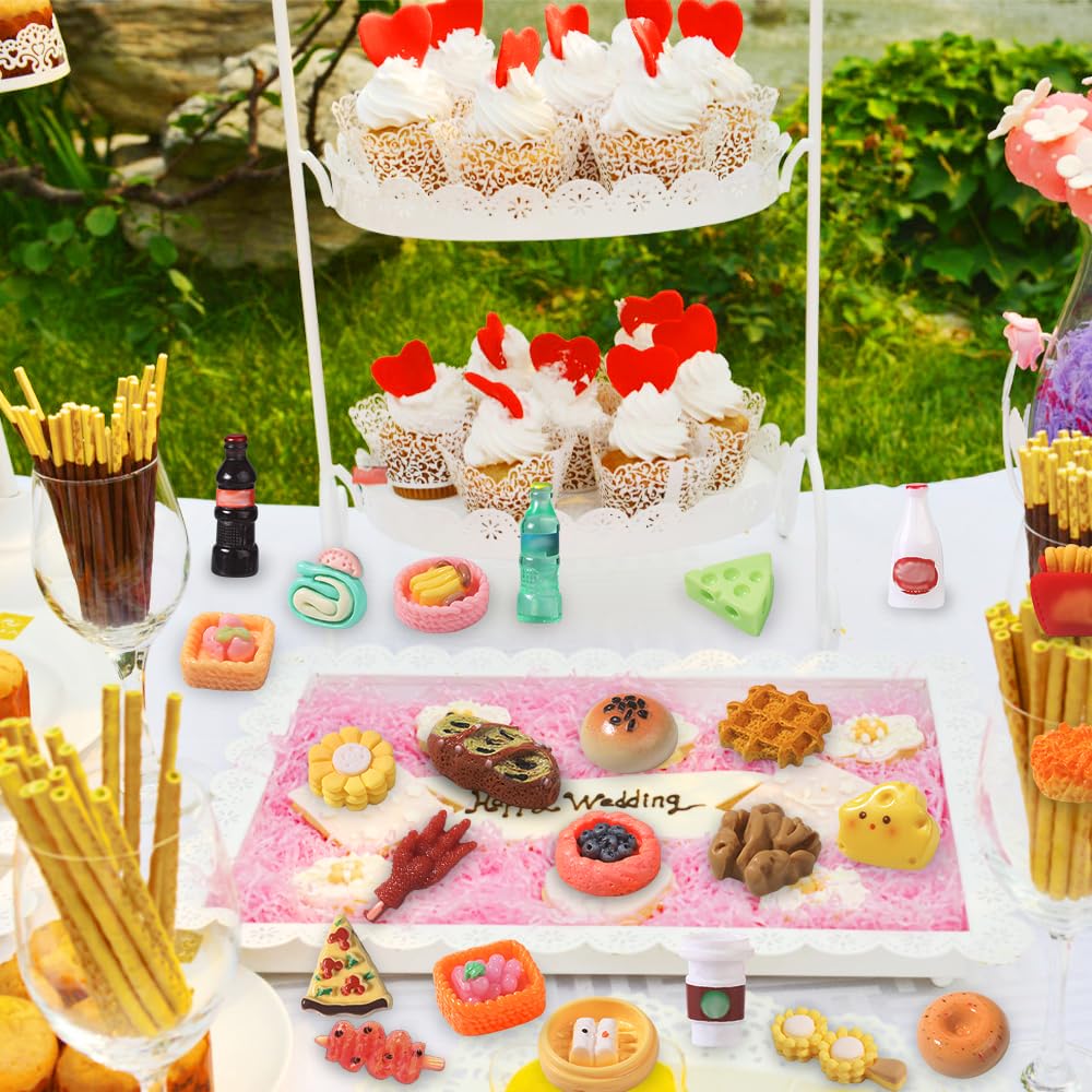 100pcs Miniature Foods Drink Bottles Toys, Mixed Mini Resin Food Drinks Figures Pretend Play Kitchen Game Party Favor Toy for Dollhouse Accessories Decorations