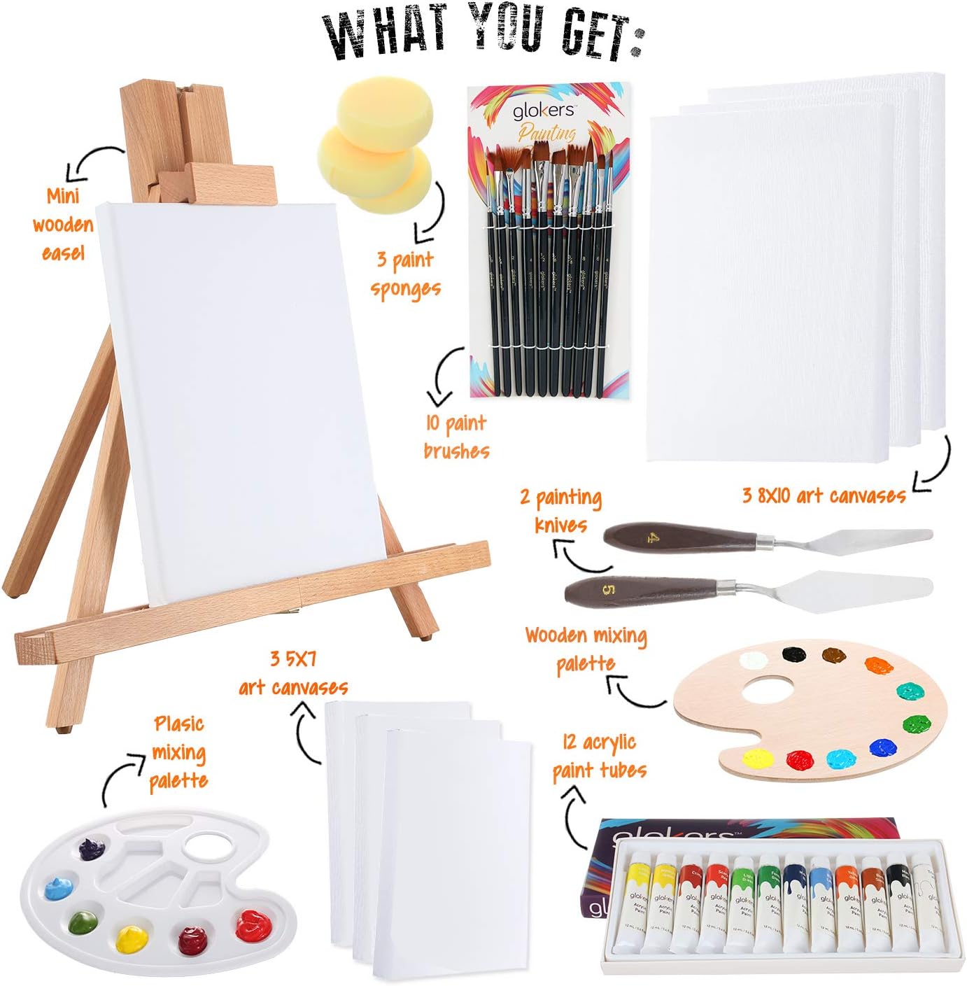 Complete Acrylic Paint Set by Glokers – 36 Piece Professional Painting Supplies Set, Includes Mini Easel, 6 Canvases, Paint Tray, Painting Knives, 10 Paintbrushes and More – Perfect Gift for Artists