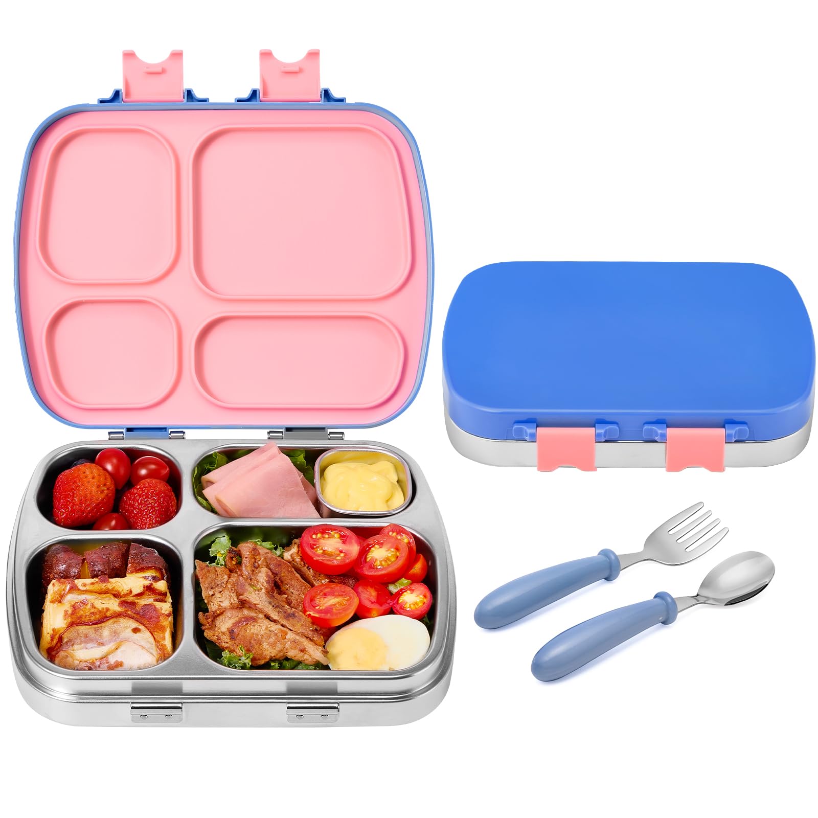 Photo 1 of Stainless Steel Bento Box for Kids, Leak-Proof Stainless Steel Lunch Box, 4 Compartments, BPA-Free, Drop-Resistant, with Spoon & Fork, for School & Daycare (Blue Pink Mix)1052048838
