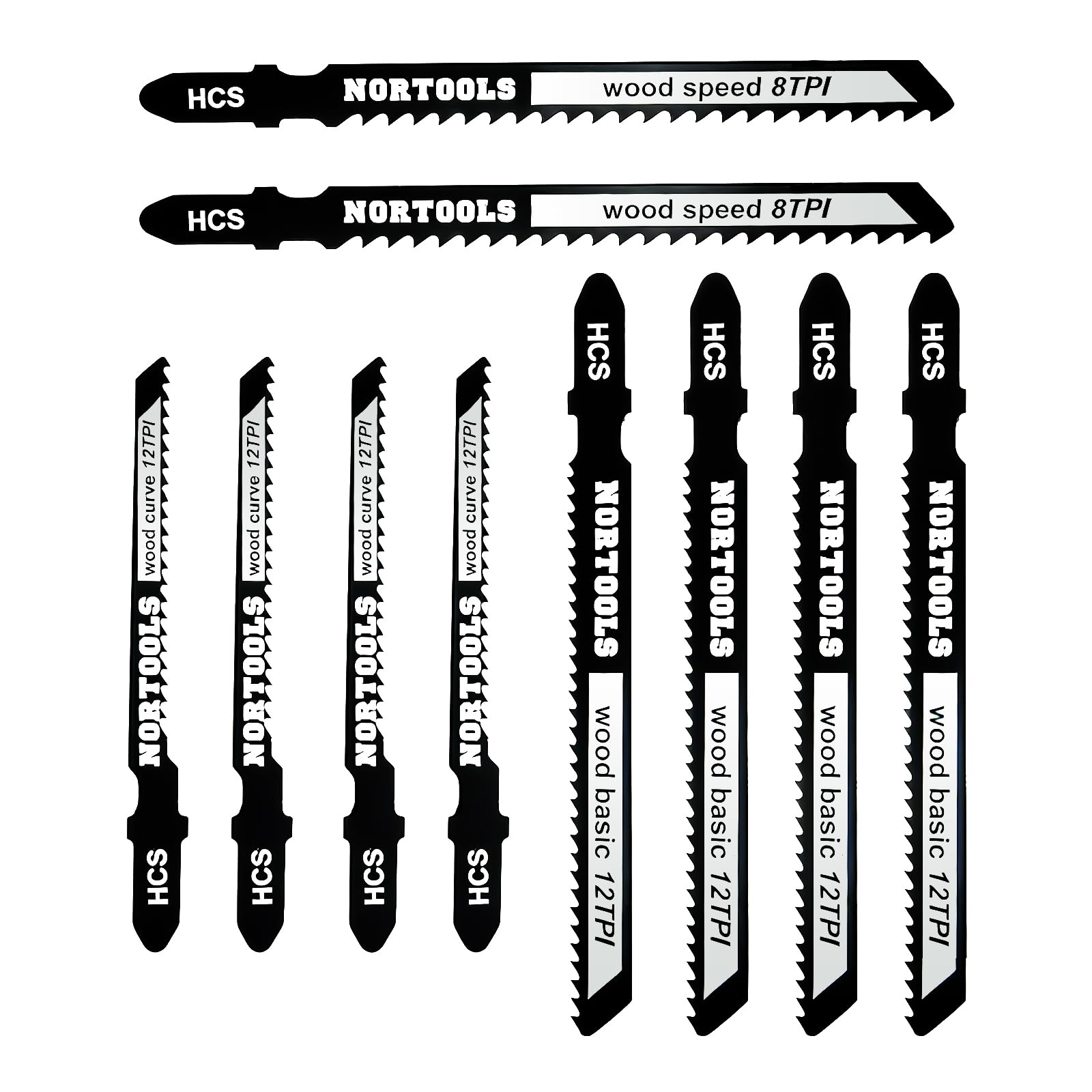 NORTOOLS Jigsaw Blade Set,10 PCS T-Shank HCS Fast & Clean Woodworking CuterJig saw Blades for Wood Softwood Plywood Chipboard Adapted to Bosch DEWALT Makita Multi Saw T119B/T119BO/T111C