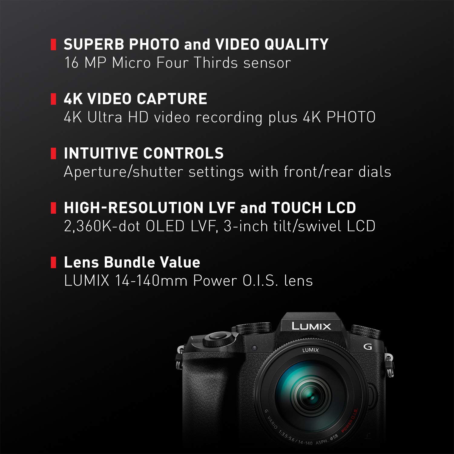 Panasonic LUMIX G7 4K Mirrorless Camera, with 14140mm Power O.I.S