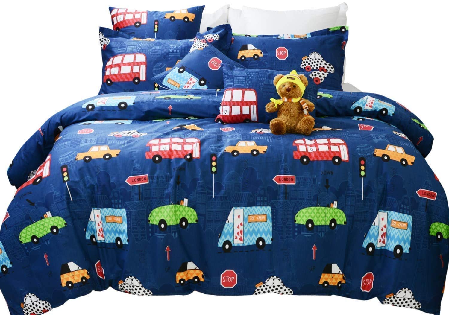 USTIDE Kids Bedding Set Boy Blue Cars Trucks Bedding Sets Double Size Toddler Duvet Cover Set Cotton 3-Piece Zipper Closure(No Comforter Included)