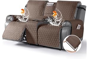 TAOCOCO 100% Waterproof Recliner Cover -Loveseat Recliner Cover with Center Console,Non-Slip Reclining Couch Covers for 2 Seat,with Elastic Straps Pocket for Kids, Dogs, Pets (Brown, 2 Seater XL)