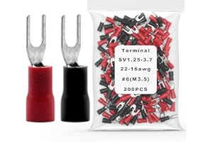 DQLIOWUO 200Pcs 22-16 AWG #6 Brass Insulated Fork Spade Wire Connector Red and Black U-Type Electrical Crimp Spade Terminals (Brass(100Pcs Red+100Pcs Black), 22-16 AWG #6)