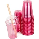 Golden Apple, 16oz 50sets Pink Red Plastic cups with Clear Dome lids with hole (50cups+50lids) BPA Free