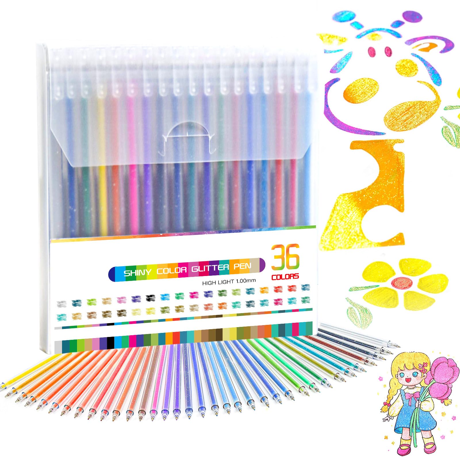 Elezeal Glitter Gel Pen, Assorted Metallic Gel Pens with 1.0mm Tip, Colored Shiny Pen for Adult Colouring, Doodling, Drawing, Writing, Noting (Set of 36)