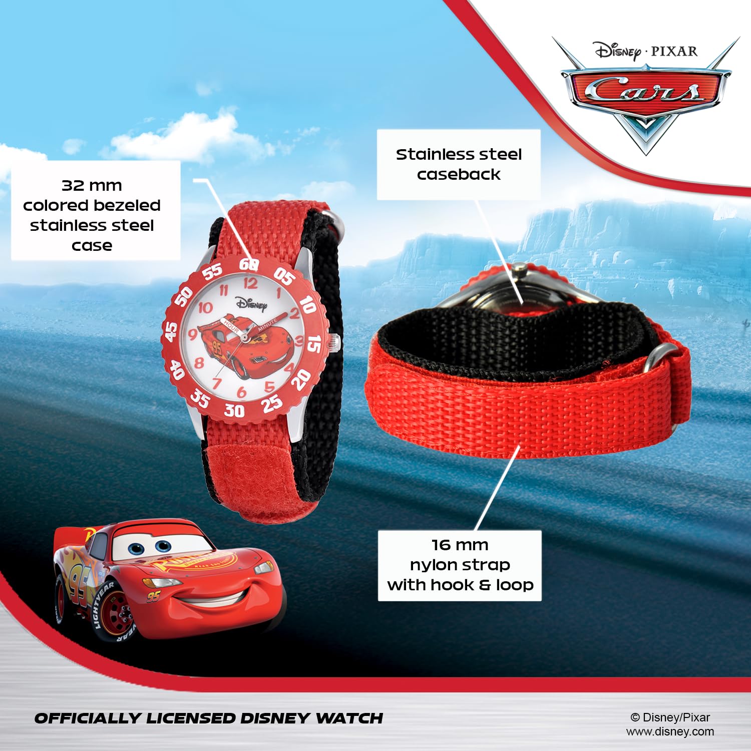 Disney Lightning McQueen Watch for Boys – Cars Analog Watch for Kids 3-5, Toddler, Boys – Black Bezel, Nylon Strap – Fun and Stylish Cars Watches Featuring Lightning McQueen Toddlers and Young Kids