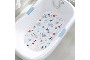 TEESHLY Non-Slip Cartoon Bathtub Mat for Kids - Funny 15 x 27.4 Inch Bathroom Bath Shower Mat for Babies, Toddlers, and Children with Suction Cups - Cute Sea Creature Design