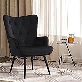 Furnimart Black Velvet Accent Chair Mid Century Modern Living Room Chairs; Comfy Armchair Leisure Vanity Guest Wingback Chair