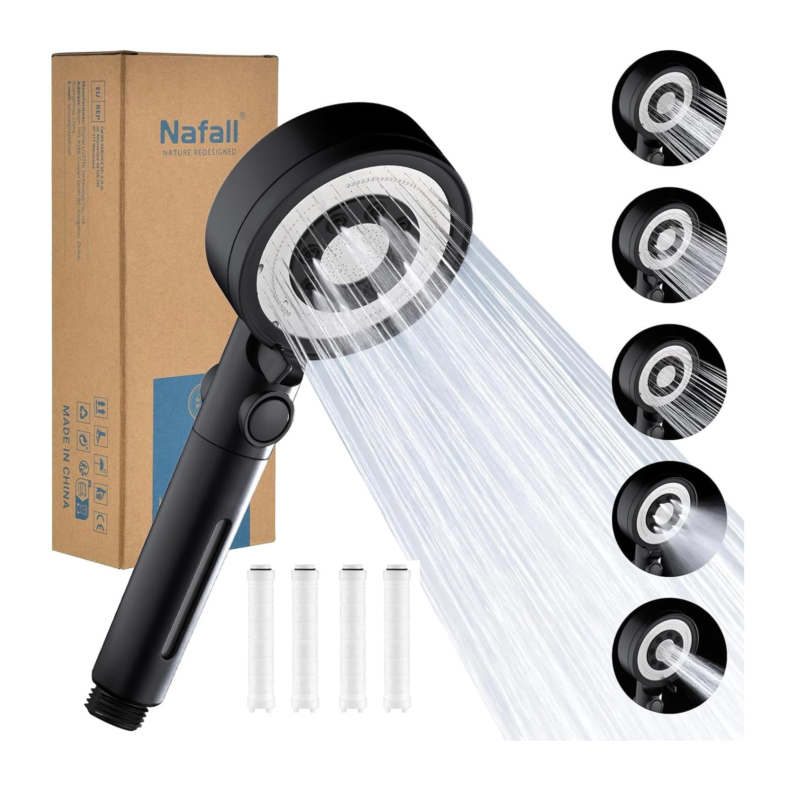 Nafall High Pressure Shower Head - Hard Water Filter Shower Head with Hose 1.5M, 5 Modes and Pause Switch, Water Saving Handheld Power Filtered Showerhead for Low Water Pressure, Chrome Black