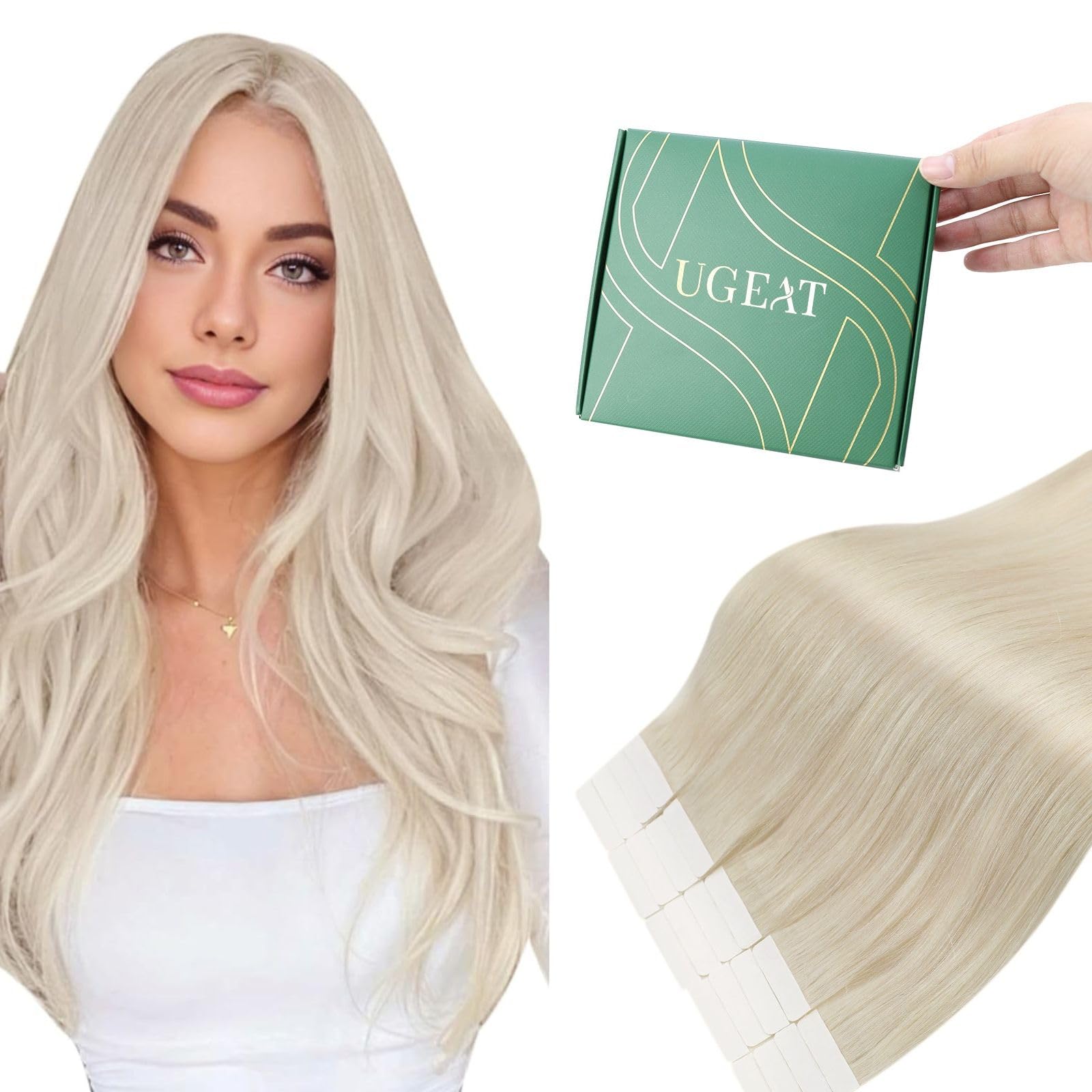 Ugeat Blonde Hair Extensions Tape in 18 Inch Real Hair Platinum Blonde Human Hair Tape in Extensions 50G for Party #60A 20Pcs