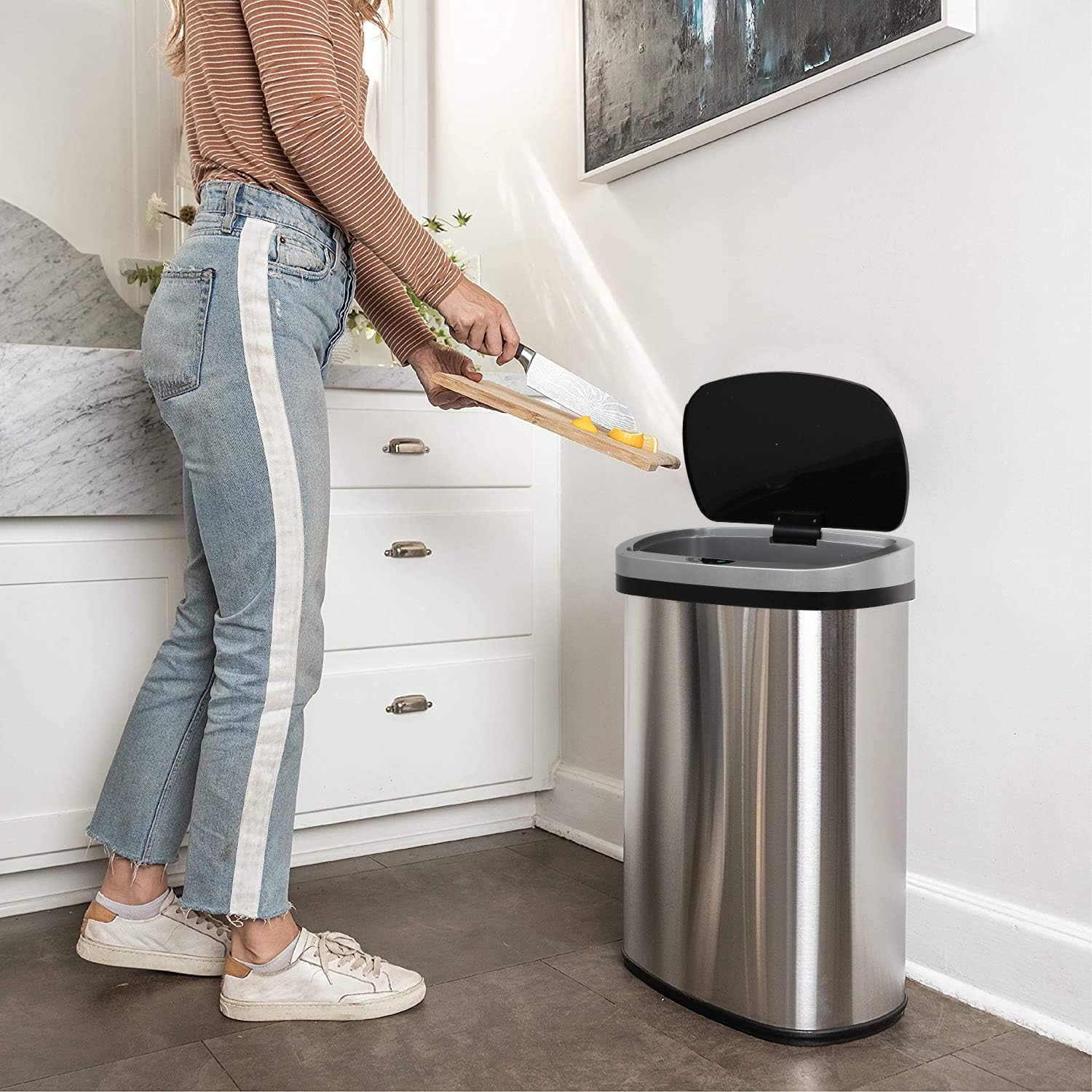 Automatic Kitchen Trash Can for Bathroom Bedroom Home Office 13 Gallon 50 Liter Automatic Touch Free High-Capacity Garbage Can with Lid Brushed Stainless Steel Waste Bin: Home & Kitchen