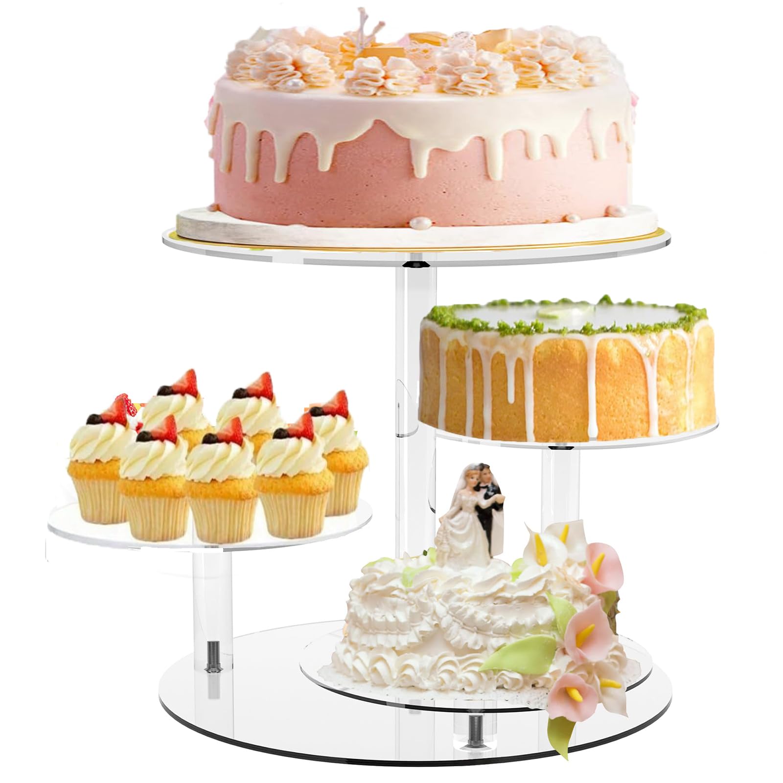 Photo 1 of ***MAJOR DAMAGE*** Rzmyencg Cupcake Stand, 4 Tier Clear Round Cake and Cupcake Stand Combo for 8-12 Inch Cakes, Tiered Cupcake Tree Tower,Dessert Display Stand for Wedding Birthday Party