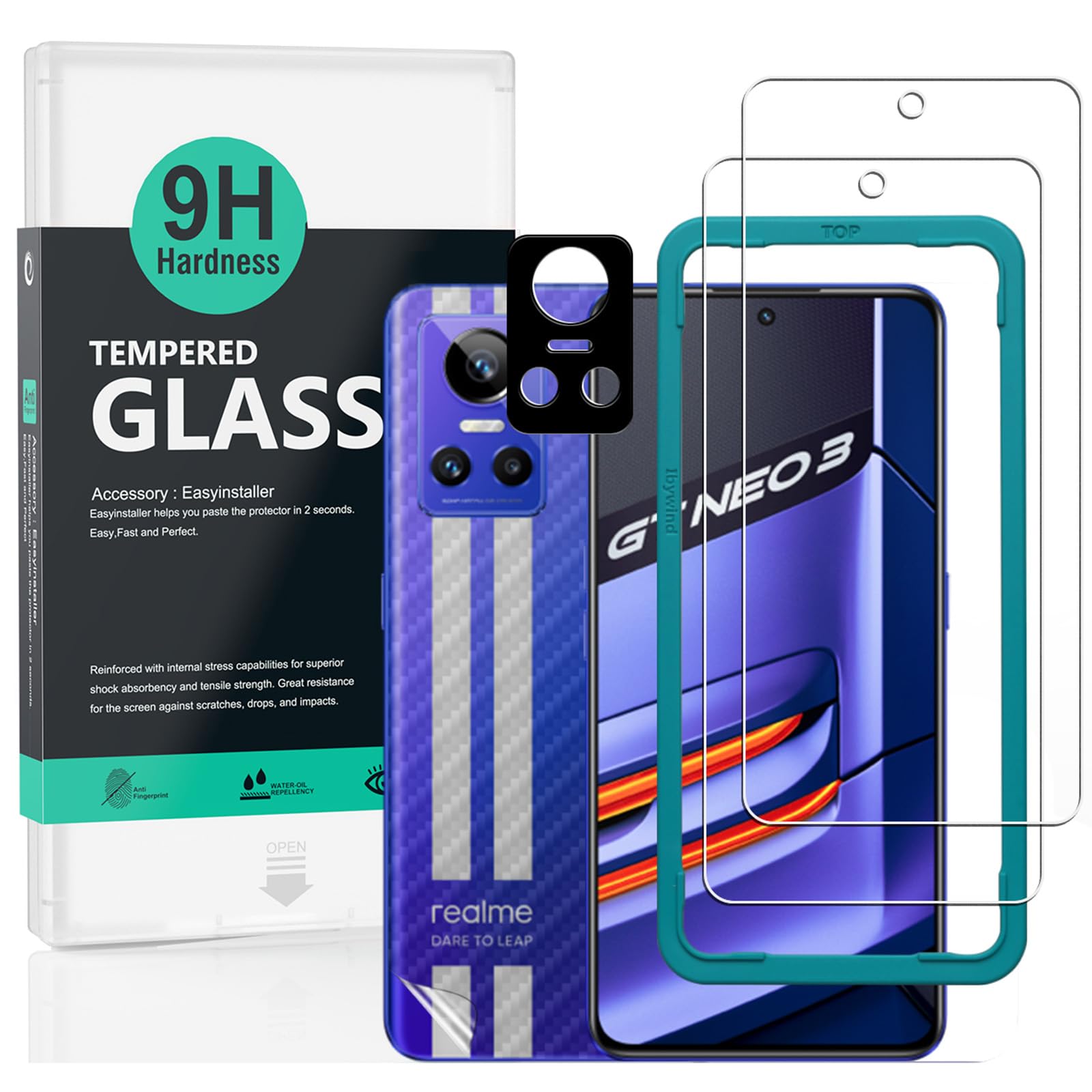 Screen Protector (2 Pack) For Realme GT Neo 3 5G,9H Hardness Tempered Glass,With 1Pc Metal Camera Lens Protector,1Pc Back Protector,Easy to Install