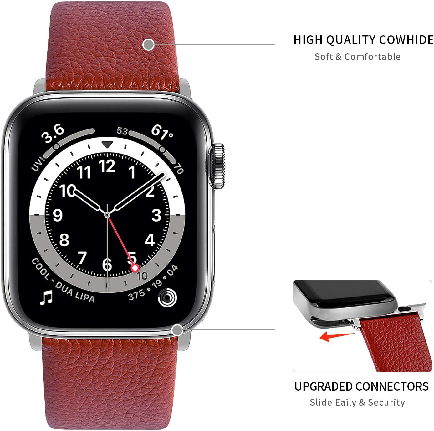 Fullmosa Leather Strap Compatible with Apple Watch Strap 44mm 45mm 46mm 49mm,Leather Strap Compatible with iWatch Ultra 3/2/1 Series 11 10 9 8 7 SE3 SE2 SE 6 5 4,Red - Image 3