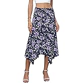NILOUFO Women's Handkerchief Hemline Midi Skirt Summer Casual Flowy High Waisted Stretchy Skirts (Purple Flo-Blue, Small)