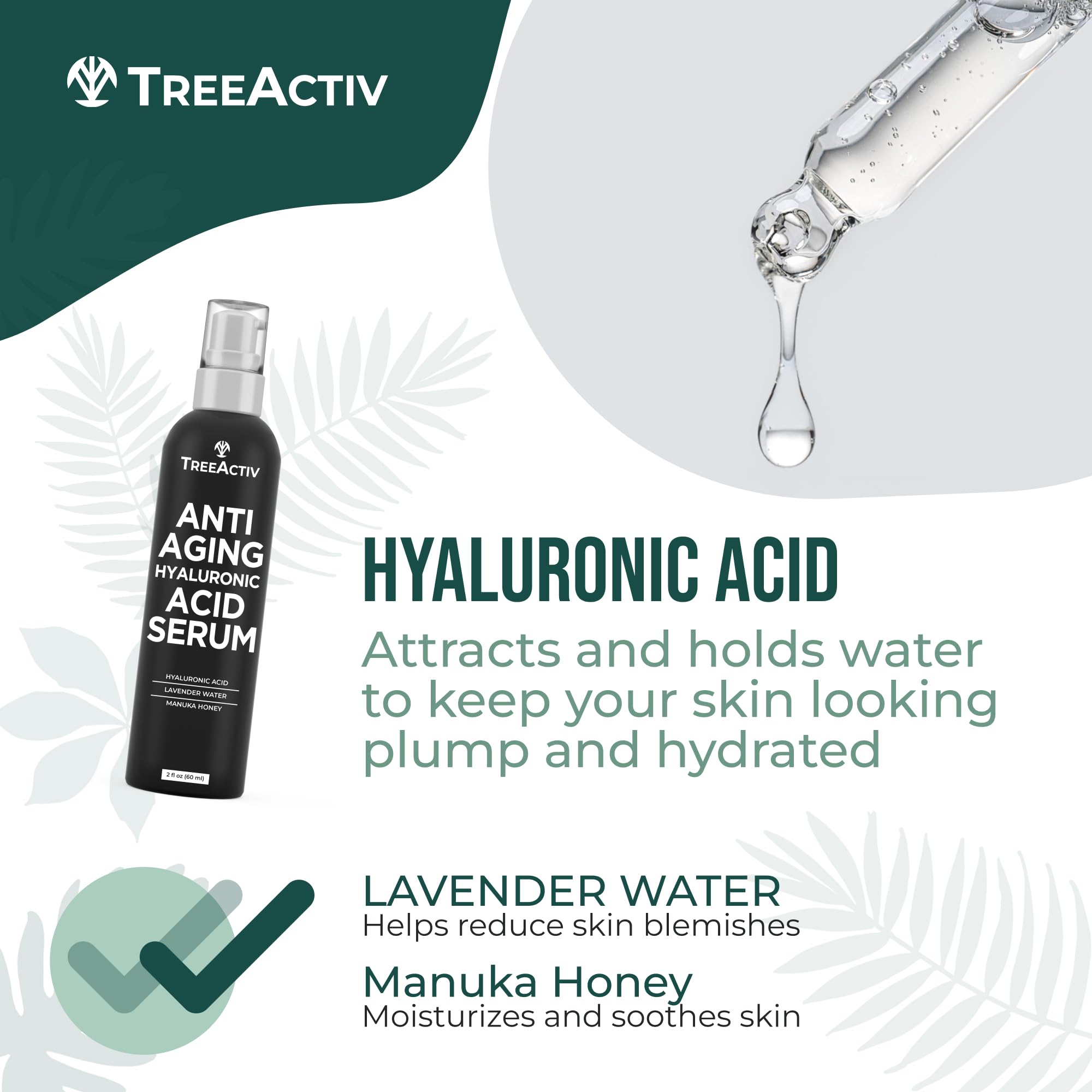 Anti-Aging Hyaluronic Acid Serum for Face 2 oz, Hydrating Wrinkle Repair for Skin Care, Pure Hyaluronic Acid Face Serum for Women, Oil-Free Anti-Aging for Advanced Skin Repair TreeActiv
