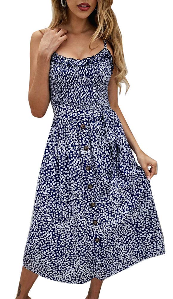 ECHOINE Women's Summer Dresses, Floral Boho Spaghetti Strap Button Down