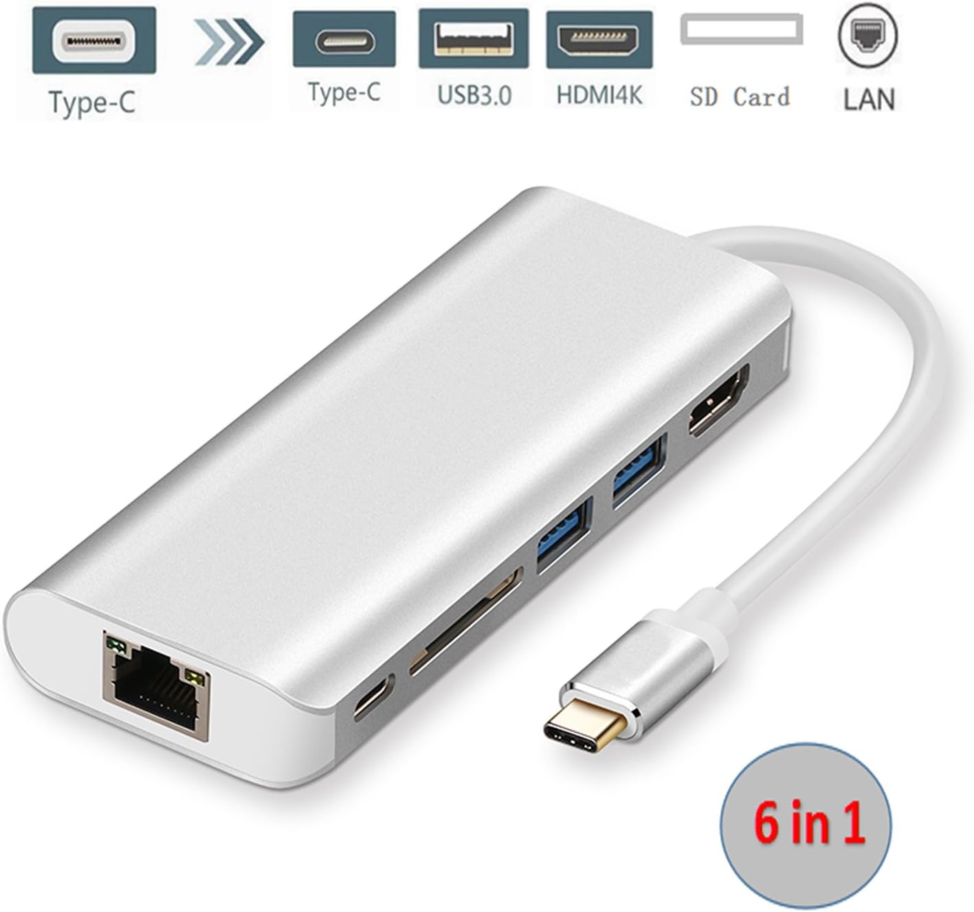 XINYINGER Multi Function USB C Hub 6 In 1 4K HDMI x1, USB3.0 x2, SD card rearder x1, PD charging x1, Gigabit Ethernet Port x1, compatible for for USB C Devices (Silver Color)