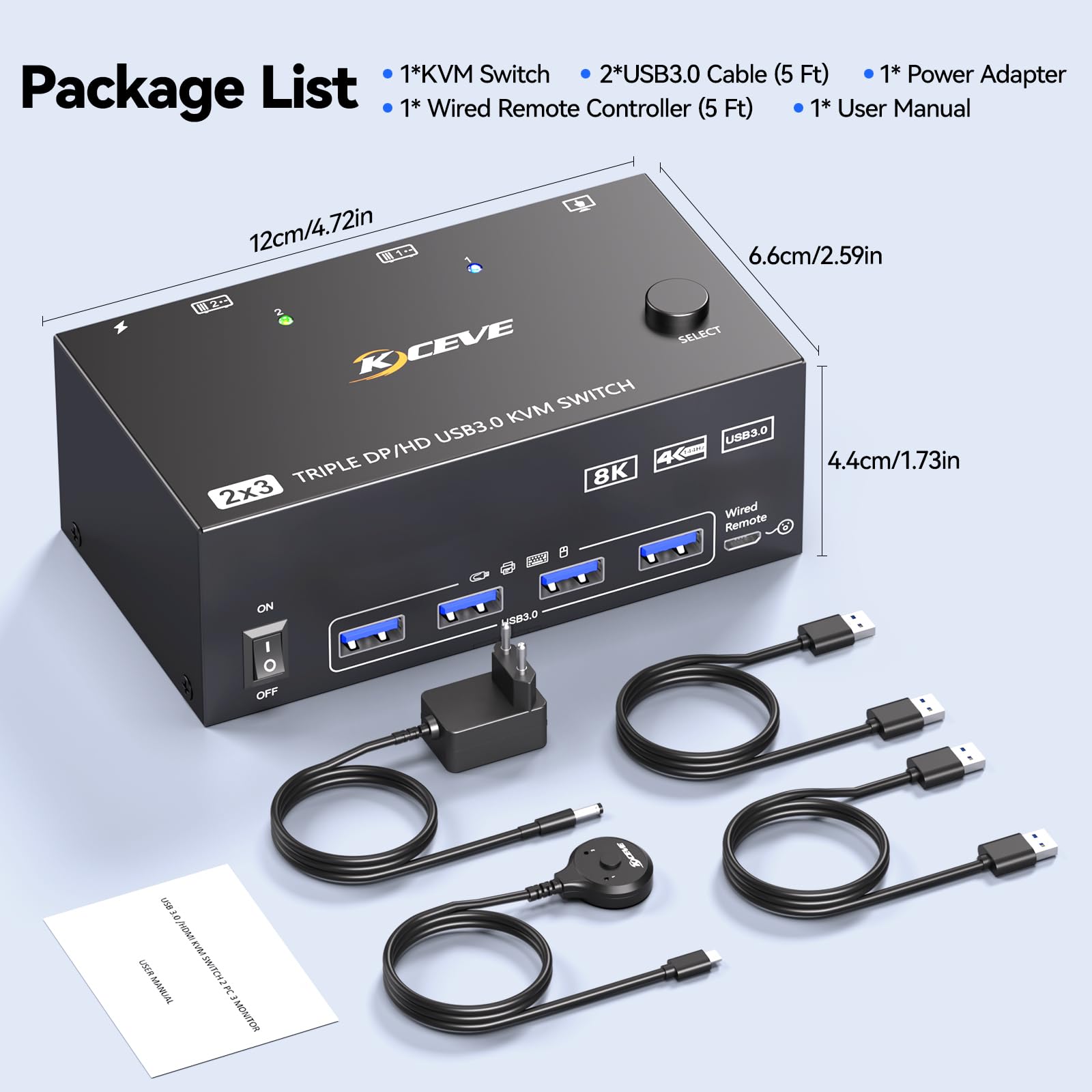 KVM Switch 2 PC 3 Monitore 8K@60Hz,MLEEDA HDMI Displayport KVM Switch Triple Monitor für 2 PC Teilen 3 Monitors und 4 USB3.0-Geräte, mit 12V DC Netzteil,Verdrahtet Fernbedienung und 2 USB-Kabel 9