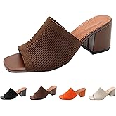 OXNEUHG Women's Knit Peep Toe Chunky Heeled Sandals Fashion Square Open Toe Slip On Block Heel Mules Summer Casual Breathable Slides Sandal