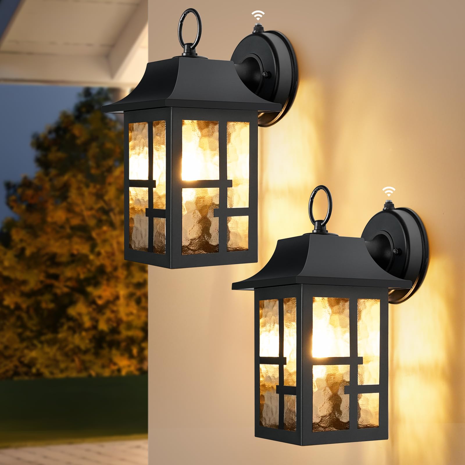 Photo 1 of ** MISSING UNKNOWN PARTS** OKELI Dusk to Dawn Outdoor Wall Lights, Exterior Waterproof Lantern, Front Porch Sconce Lighting with Water Ripple Glass Shade, Anti-Rust Wall Lamps Outside Lights for Garage (Black-SIZE-M-2pack)