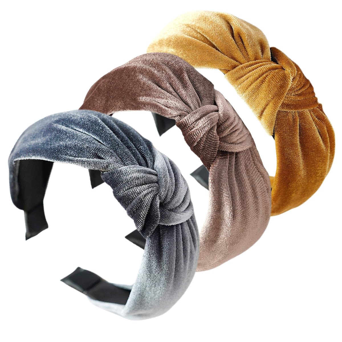 scicent Women's Fashion Headbands 3 Pcs Knot Hairbands for Girls Velvet Hair Band Accessories Elastic Head Wrap Wide Plain Head Bands (Grey, Yellow, Coffee) 12709 — image 1