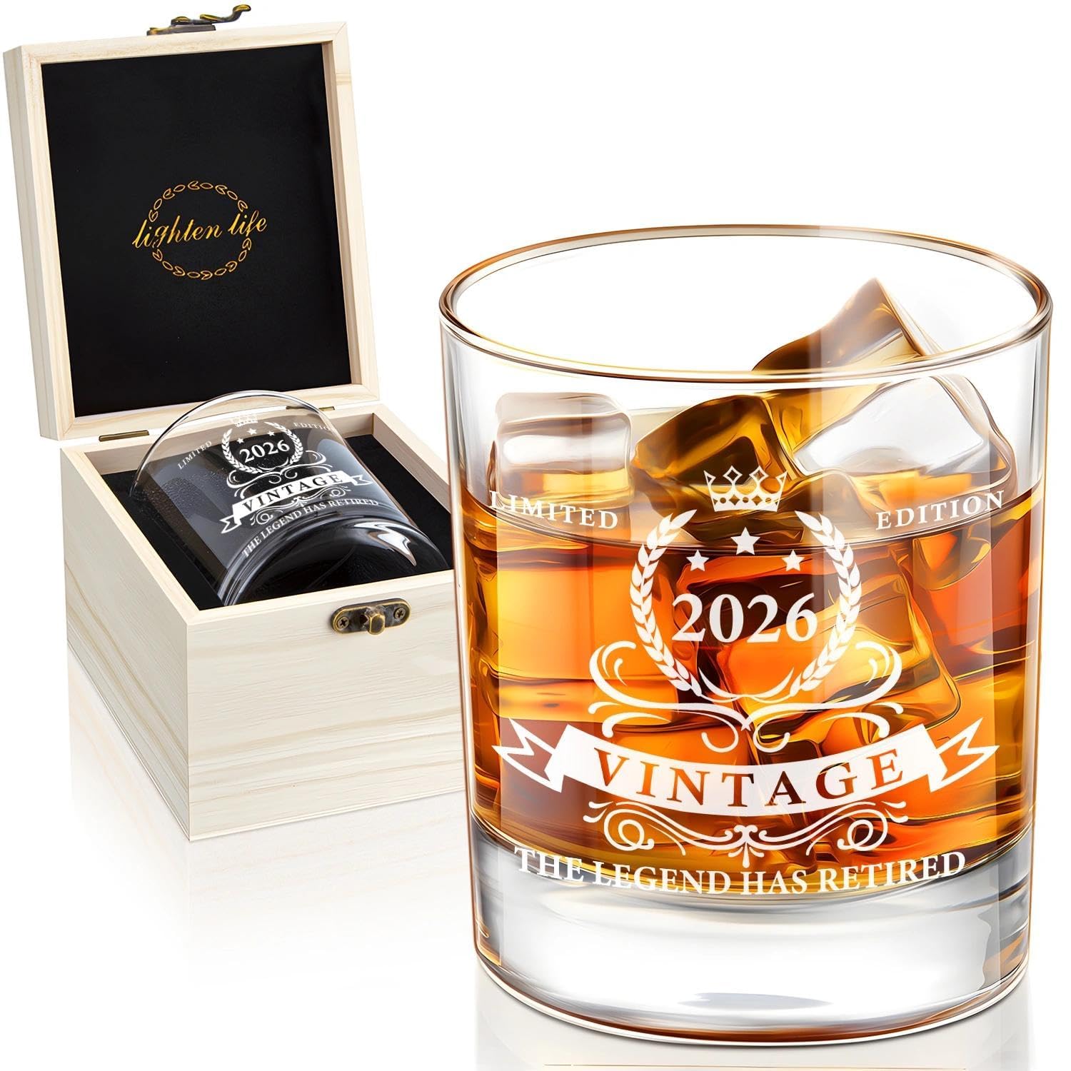 LIGHTEN LIFE 2026 Retirement Gifts for Men 340ml,Retirement Whiskey Glass in Valued Wooden Box,Funny Party Decoration,The Legend Has Retired Gifts