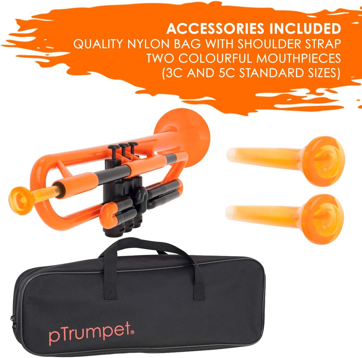 pTrumpet Plastic Trumpet with 3C and 5C Mouthpiece and Carry Bag - Bb Student - Orange - Image 5