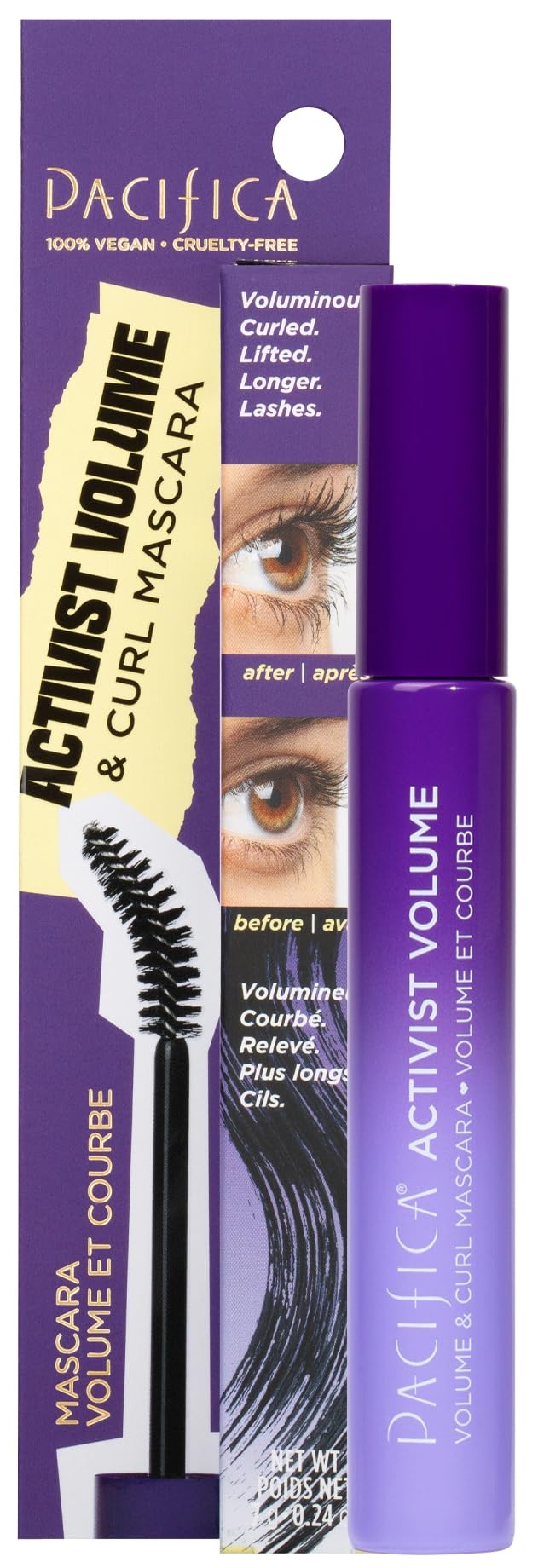 Pacifica Beauty | Activist Curling Mascara | Black | Volume and Length | Vegan Brush | Glass Tube | Clean Eye Makeup | Plant-Fibers | Microplastic + Nylon 6 Free | Vegan, Talc-Free, Cruelty-Free