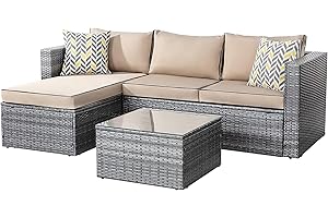 Shintenchi Patio Furniture Sets 3 Pieces Outdoor Sectional Sofa Silver All-Weather Rattan Wicker Sofa Small Patio Conversation Couch with Washable Cushion and Glass Table（Khaki）