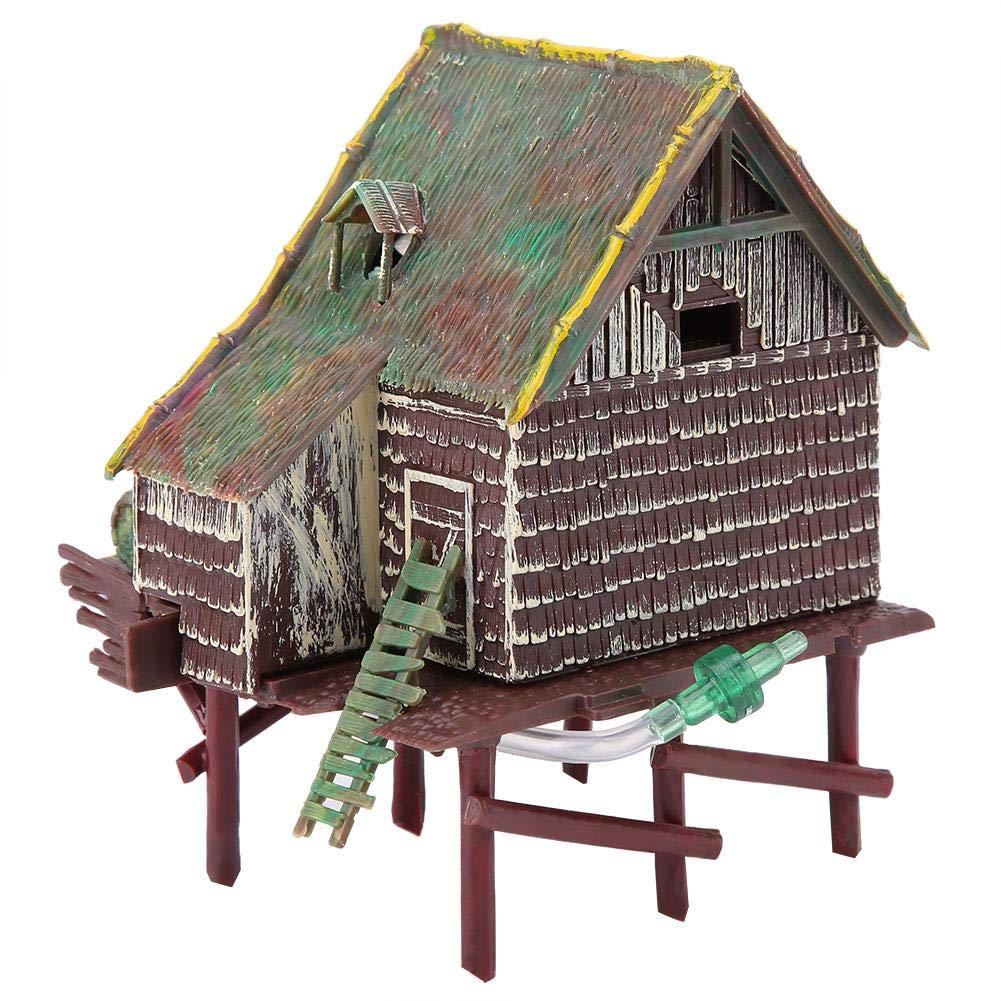 Pssopp Aquarium Landscape Decor Fish Tank Ornament with Pneumatic Aerated Waterwheel Hut for Freshwater Saltwater Tanks Oxygenation