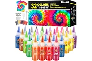 DIY Tie Dye Kits, Emooqi 32 Colours All-in-1 Tie Dye Set Contain 32 Bag Pigments, Rubber Bands, Gloves, Sealed Bag, Apron and Table Covers for Craft Arts Fabric Textile Party DIY Handmade Project