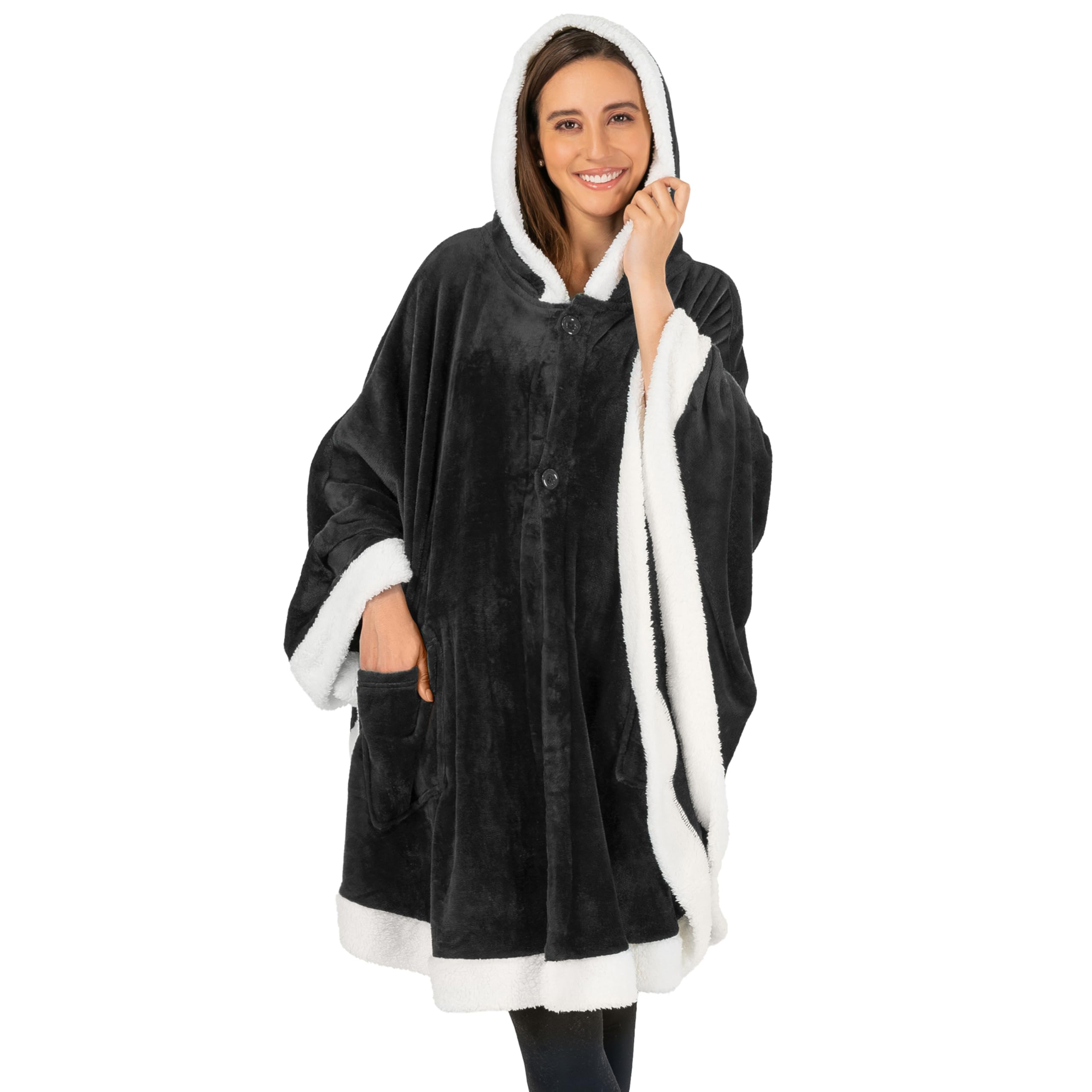Photo 1 of PAVILIA Wearable Blanket for Adult Women, Cozy Plush Fleece Blanket Poncho Cape with Hood, Super Soft Shawl, Angel Wrap Throw for Office, Black
