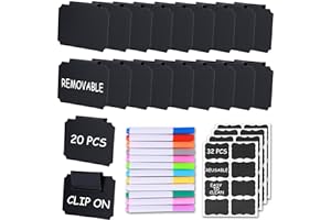YZ&LIANGYUAN 20 Pieces Basket Labels Clip On Set for Storage Bins Kitchen Pantry Basket Box Cube Laundry Organization, with 32 Pieces Removable Chalkboard Tag Stickers and 12 Pieces Chalk Marker