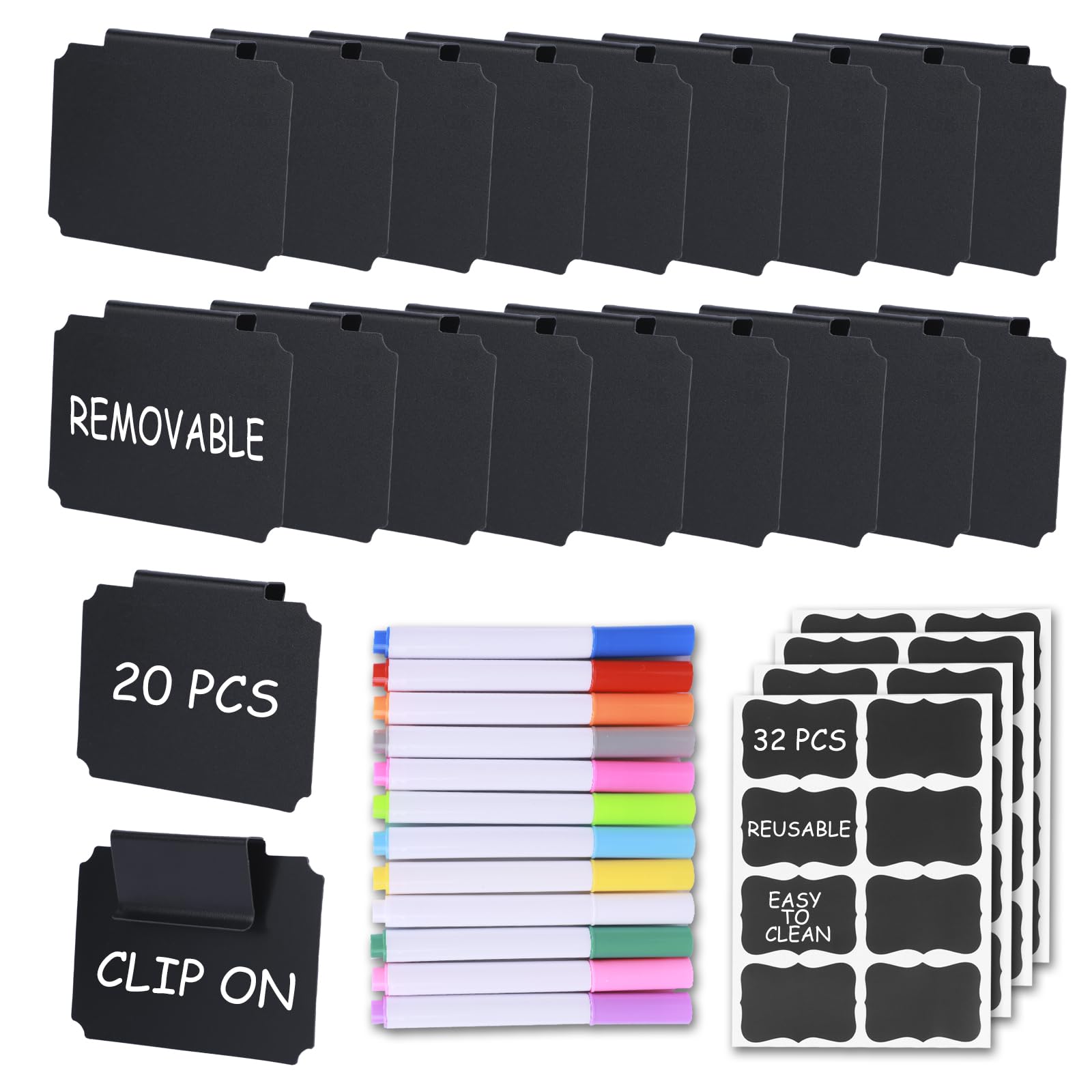 Photo 1 of 20 Pieces Basket Labels Clip On Set for Storage Bins Kitchen Pantry Basket Box Cube Laundry Organization, with 32 Pieces Removable Chalkboard Tag Stickers and 12 Pieces Chalk Marker