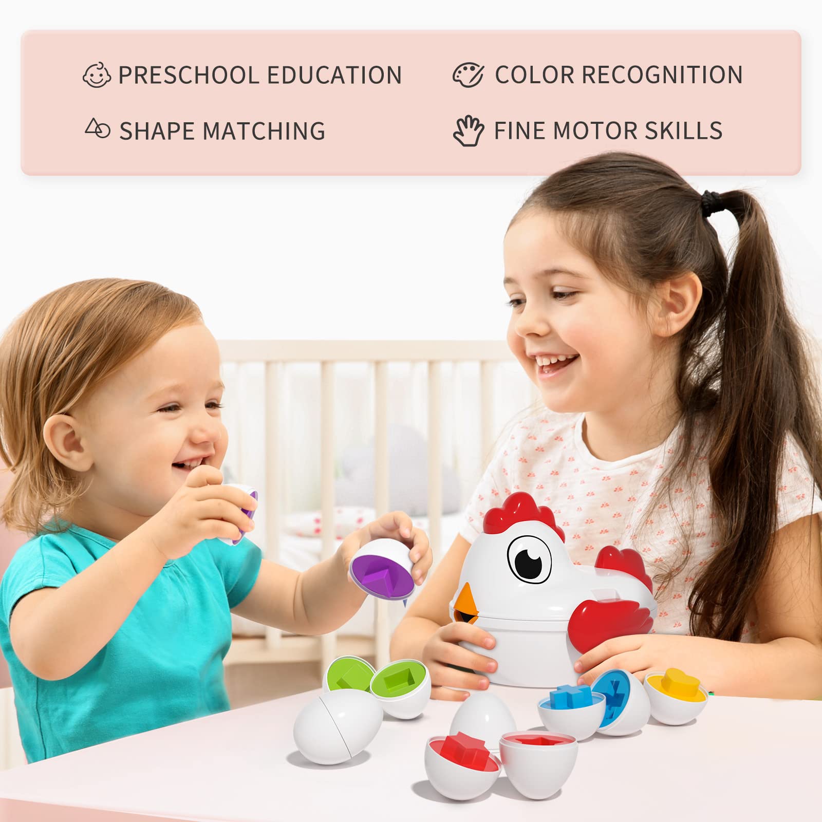 TEMI Toddler Chicken Easter Eggs - Color Matched Game Shape Sorter with 6 Toy Eggs for Kids 3-5, Fine Motor Skills Sensory Toys, Educational Gifts for 3-6 Girls Boys Baby
