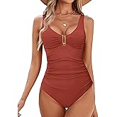 BMJL Women's Tummy Control Swimsuits Ruched Slimming One Piece Bathing Suit Deep V Neck Swimsuit
