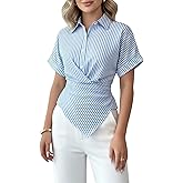 winkbay Women's Striped Button Down Shirt Summer Elegant Ruched Tie Back Collared Blouses Business Casual Tops
