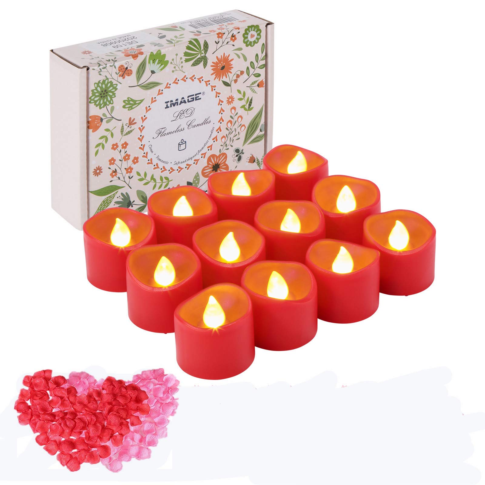 IMAGE LED Tea Lights 12PCS Red Tealight Candles with Timer Battery Operated Tealight Flickering Candle Lights with Rose Petals for Valentine's Day, Wedding, Party Decor